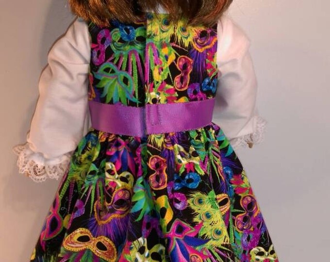 Black dress with mask for Mardi Gras parade dress fits 18 inch dolls
