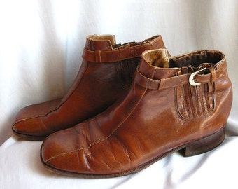 ON SALE Vintage 1970's Brown Leather Mens Ankle Boots 9.5 Medium Shoes 10 Harness Slip-In