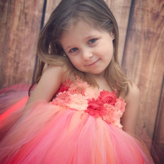 Coral and peach flower girl dress girls tulle dress coral