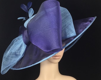 Navy Sinamay and Silk Wide Brim Kentucky Derby Hat, Church Hat, Bridal Wedding Hat, Dress Hat, Tea Party Hat