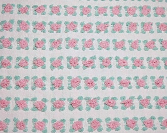 Pink / Aqua Chenille Piece | British Vantona Rosebud Vintage Chenille Bedspread Fabric Piece - 24 x 18 Inches