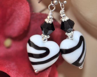 Venetian Lampwork Black and White Heart Beads, Silver, with Black Crystal Earrings