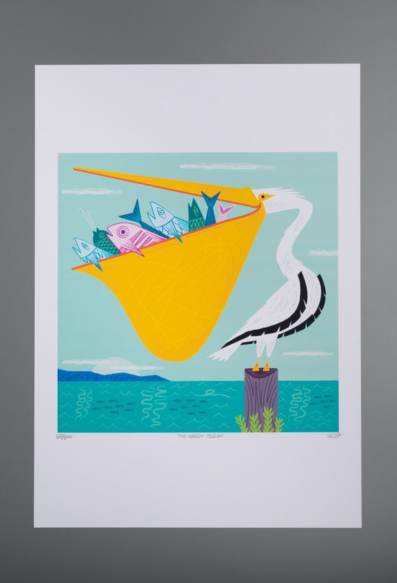 The Greedy Pelican - Childrens decor - limited edition - animal art poster print - iOTA iLLUSTRATiON