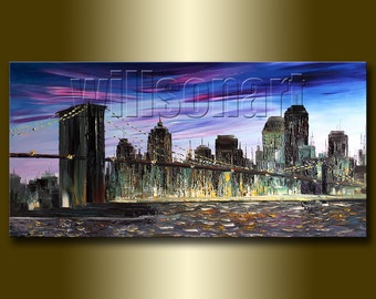 Original Cityscape Painting Oil on Canvas Palette Knife Textured Abstract Contemporary Art Modern City Series 20X40 by Willson Lau