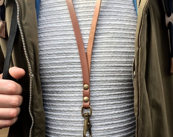 Leather lanyard - Optional initials -Free Shipping Cognac brown vegetable tanned leather keycord keychain 2 length options handcrafted