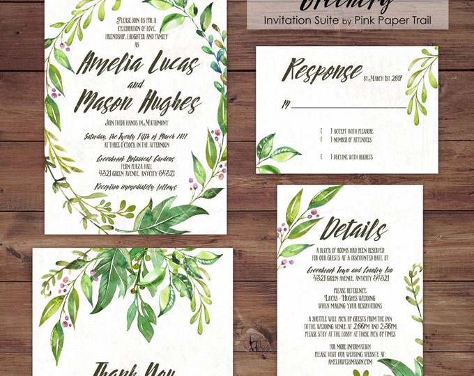 Greenery Wedding Invitation Suite, Watercolor Wreath and Leaves Invitation, Foliage, Botanical, Garden Wedding, Print Your Own