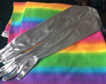 Satin long opera gloves osfm vtg silvery gray 80s