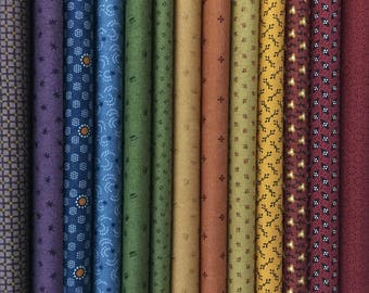 Civil War Reproduction 13 Quilt Fabric Fat Quarters in Small Scale - Jo Morton/Andover & Windham ~ Purple Blue Green Rust Yellow Red