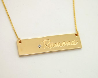 14K Gold Nameplate Name Bar Necklace Custom Plate