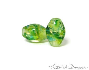 Greenery Sparkle Ovals Artisan Lampwork Bead Pair - Glass paired with fine Italian Silver - these pair perfectly with 2mm Leather