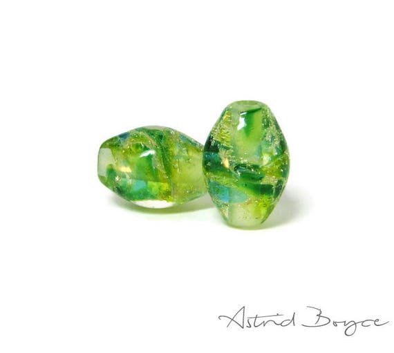 Greenery Sparkle Ovals Artisan Lampwork Bead Pair - Glass paired with fine Italian Silver - these pair perfectly with 2mm Leather