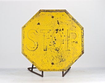Yellow Stop Sign | Stop Sign | Metal Stop Sign | Vintage Stop Sign | Traffic Sign | Industrial Decor