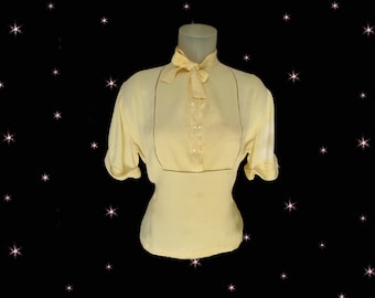 1930s Blouse, AS IS for Study, for Pattern or or for Those Amazing Glass Buttons, Yellow Silk Crepe with Bow Tie, Plus Size
