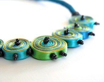 Textile necklace yellow, blue, green, fiber pendant green, statement necklace - Handmade jewelry OOAK ready to ship