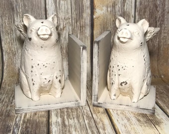 When Pigs Fly Figurines Set of Bookends//Rustic Farmhouse Decor//Primitive Pigs with Wings Statues Set of Book Ends//French County Decor