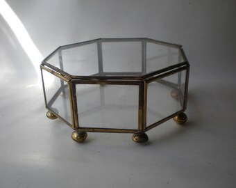 Classic Octagonal Brass and Glass Display Case/ Jewelry Box