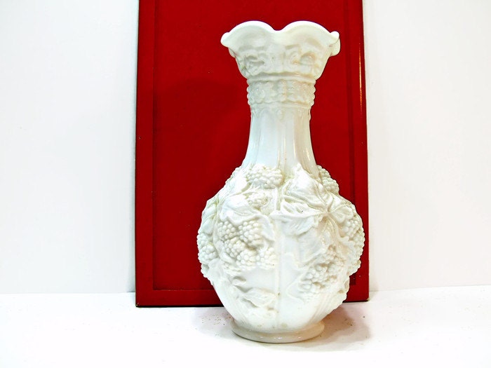 White Milk Glass Vase with Grape and Leaves Motif 10 Inch