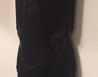 Sexy Black Sequins Fringe Flapper Dress w Silver Rhinestone Headband