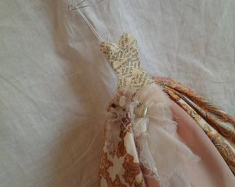 Assemblage style Art Dress Made From Paper and Beautiful Patterned Soft Pinks Fabrics