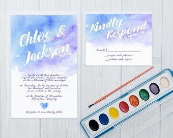 Watercolor Wedding Invitations, Color Wash Invite Set, Blue and Purple Wedding Invitation, Budget Wedding, Winter Wedding