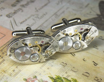 Luxury Watch Cuff Links Cufflinks - Torch SOLDERED - Steampunk Antique Silver Oval WALTHAM Movements - Birthday Anniversary Gift