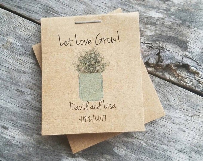 Personalized Mason Jar w/ Babys Breath, Design MINI Seeds Let Love Grow - Love Blossoms Flower Seed Packet Favor Rustic Cute Little Favors