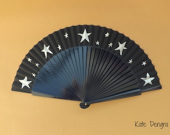 5 Pointed Star Folding Hand Fan SIZE OPTIONS Wood Fabric Hand Painted Black with Silver Stars by Kate Dengra Spain