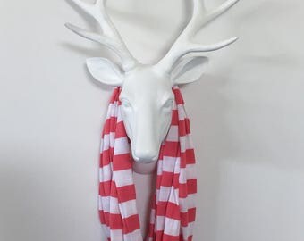 Infinity Scarf - Coral & Oatmeal Stripe - Cotton Jersey Knit
