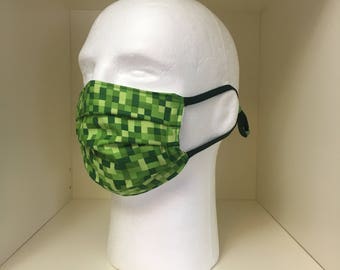 Washable Medical Face Masks Adult & Child Minecraft Green Pixel and Bitmap Print
