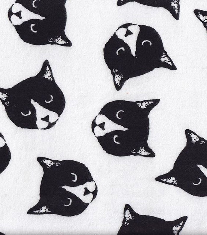 Cat Fabric - Harajuku - Black and White - Flannel Fabric - Meow