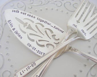 Hand Stamped Wedding Cake Server and Forks Set Wedding Cake Server Cottage Chic