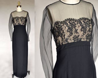 Vintage 50s Long Black Crepe Dress Sheer Illusion Top Lace Bust Bow Detail