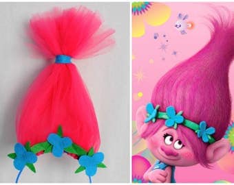 Trolls Headband - Crazy Pink Hair*with blue and green flower Headband - Princess Poppy Inspired Trolls headband,Troll Birthday Headband