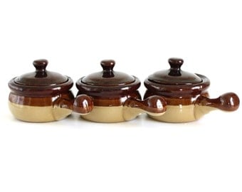 Brown Stoneware Soup Bowls Onion Crocks Bean Pots w/ Handle & Lid Tan