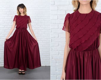 Vintage 70s Cranberry Tiered Dress Maxi Sheer Boho Hippie Small S 92261