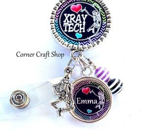 XRAY Tech Personalized Name Charm Retractable Badge Reel Holder ID Reel w/ Charms , Beads Id tag, clip, Radiology RAD