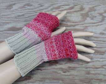 Knitted cotton fingerless gloves, knit grey red arm warmers, knitting colorful gray red hand warmers, women gloves, accessories