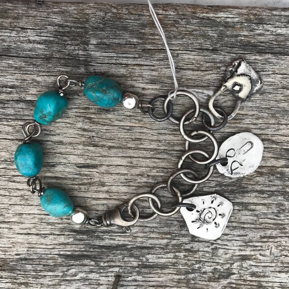 Turquoise Nugget - Raw Silver - Fine Silver Charm bracelet - Artisan Chain Links - Eco Friendly SS Wire - Sundance Style Jewelry
