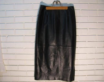 Vtg black leather long wiggle skirt size 6 waist 28''