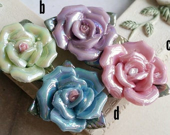 28mm Two Holes and Flat Back Glazed flower Porcelain Roses (t.s)