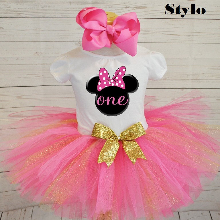 Pink and gold Minnie Mouse first birthday outfit minnie
