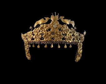 Antique Indonesian Golden Headdress, Exotic Tassels Cleopatra Tiara, Birds Flowers Headpiece, Egyptian Revival, Bohemian Dancer