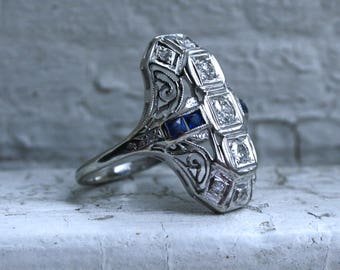 Fantastic Vintage 18K White Gold Diamond and Sapphire Ring - 0.96ct.