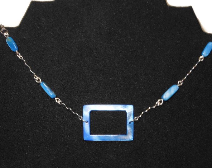 FREE SHIPPING denim blue MOP necklace, mother of pearl choker, rectangular center piece, pearl beads & wavy connectors, metals silver plated