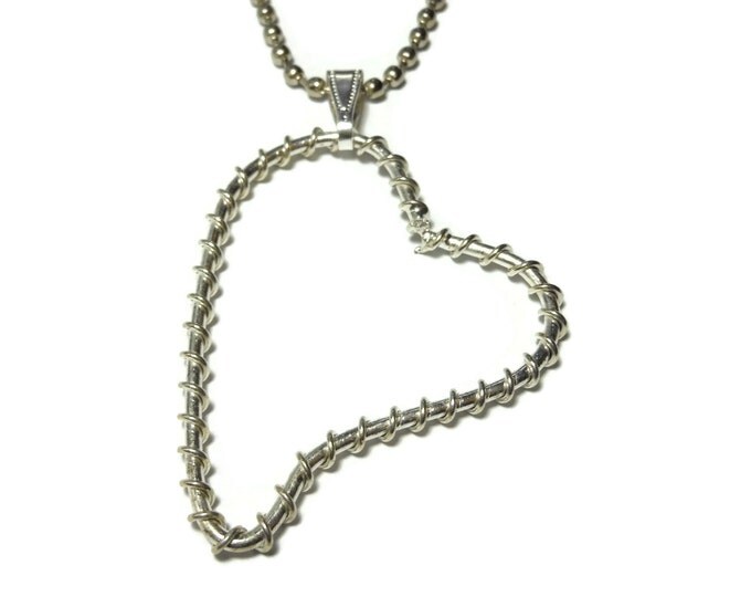 FREE SHIPPING Falling heart pendant, wire wrapped heart, two available, share with friend, industrial chic, silver ball chain