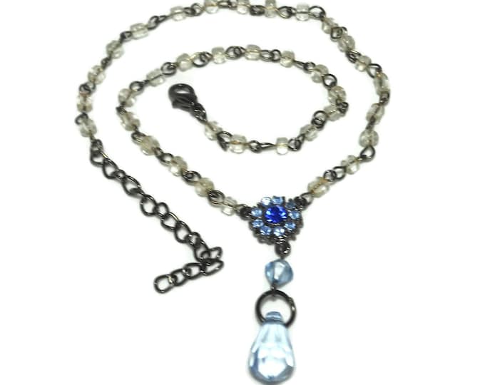 FREE SHIPPING Blue crystal necklace, up-cycled vintage glass beads rhinestone center, blue Swarovski crystal briolette, gunmetal chain