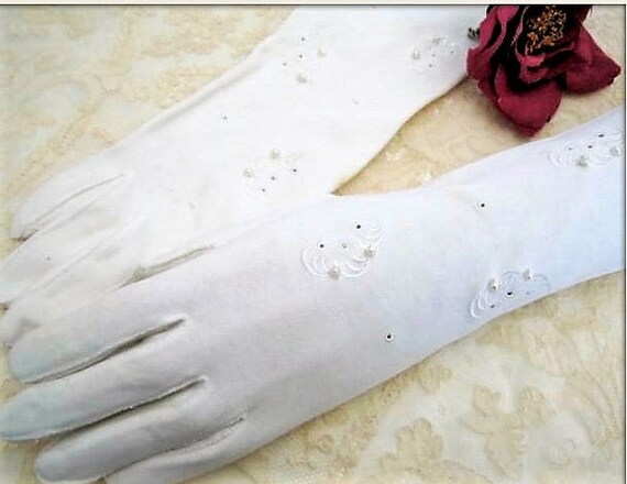 White Beaded Gloves - Pearls and Eyelet - Vintage Long Length - Signed Western Germany - Wedding Gloves - Size 6 1/2