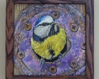Blue Tit Oil Painting - Home - 8" x 8" oil board professionally framed in real ash - original British bird art