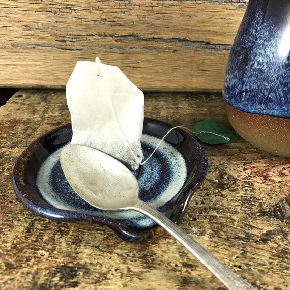Ceramic Spoon Rest / Tea Bag Rest / Blue Pottery Spoon Rest