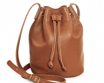Brown leather bucket bag, leather handbag, brown crossbody bucket bag
